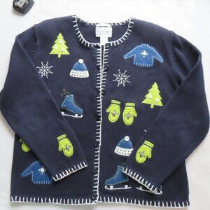 VTG Christopher Banks Hand Embroidered Cardigan Sweater Sz M Winter Gloves Hats